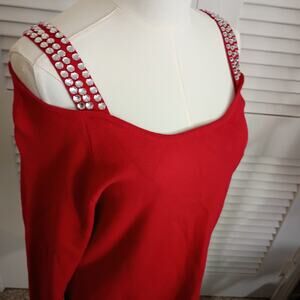 CHRISTMAS Sweater Medium Peak-a-Boo Shoulder Bedazzled Red 3/4-sleeved Tunic